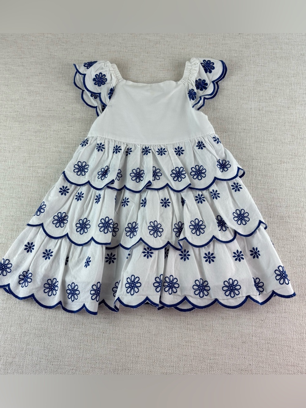 Girl’s 2T White & blue Floral embroidered Tiered Dress